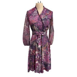 Vintage Lady Carol Petites Of New York Floral Wrap Dress Purple Elastic Sleeves